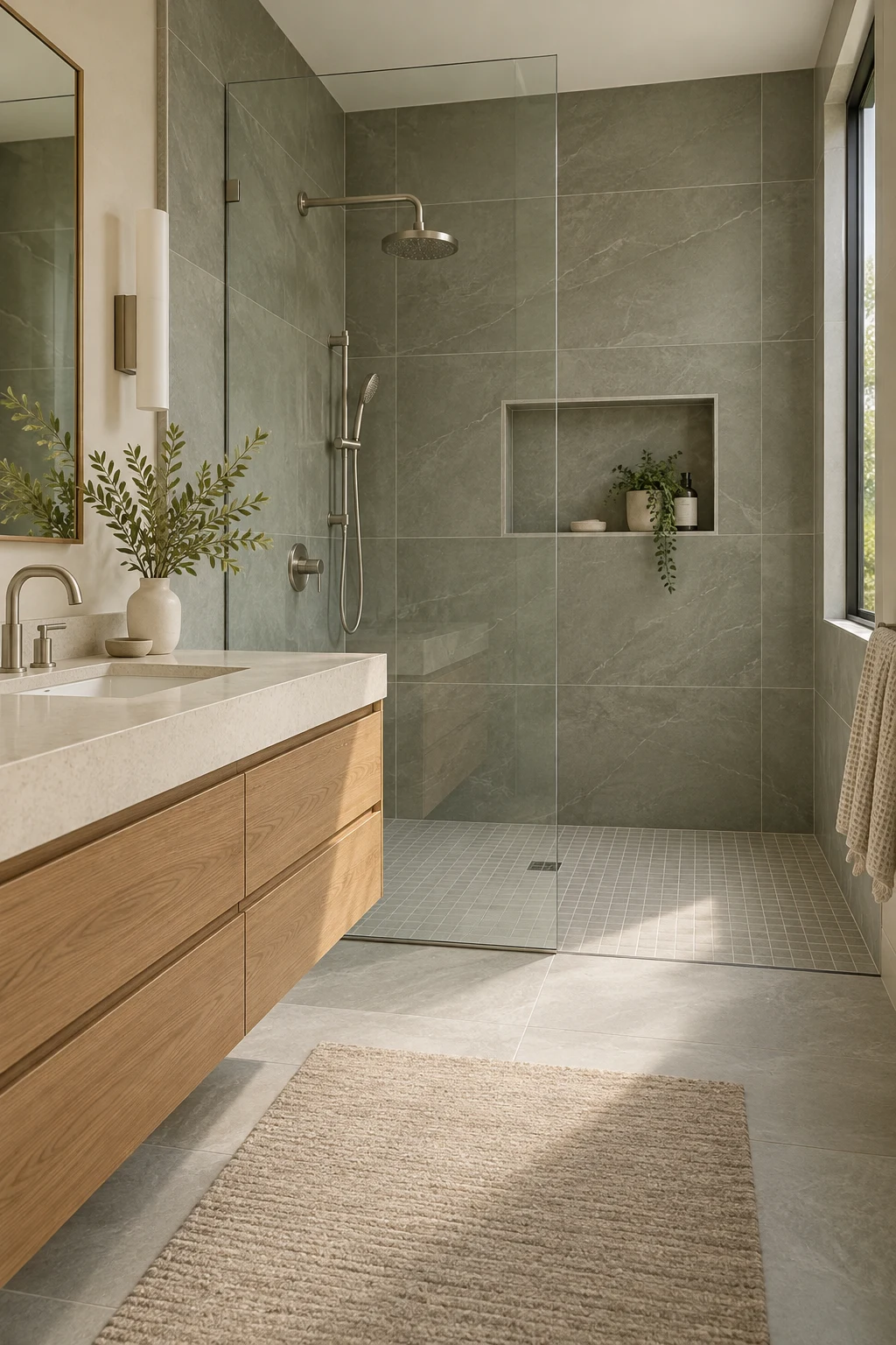 AI-generated design inspiration: a sage tile shower and oak bathroom vanity